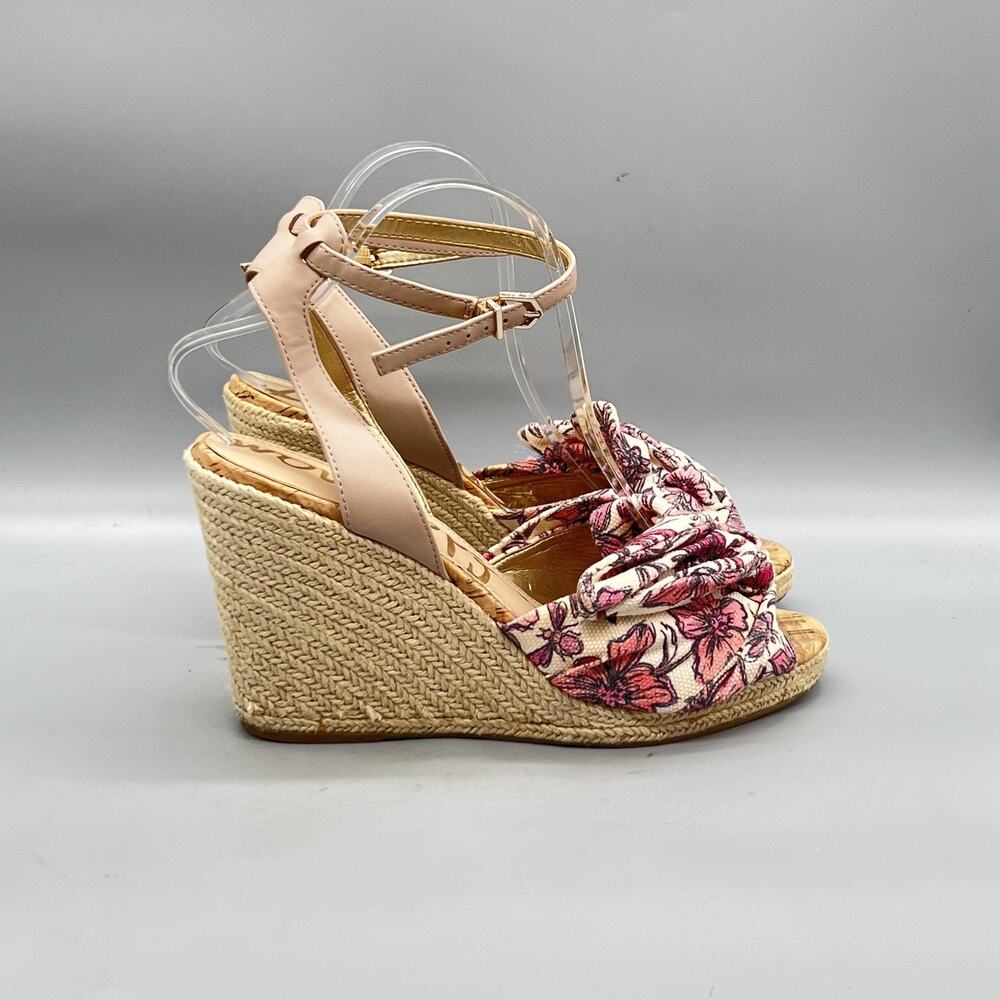 Sam Edelman Sandals Women 10 Pink Cotton Floral Bow Ankle Espadrille Wedge Shoes